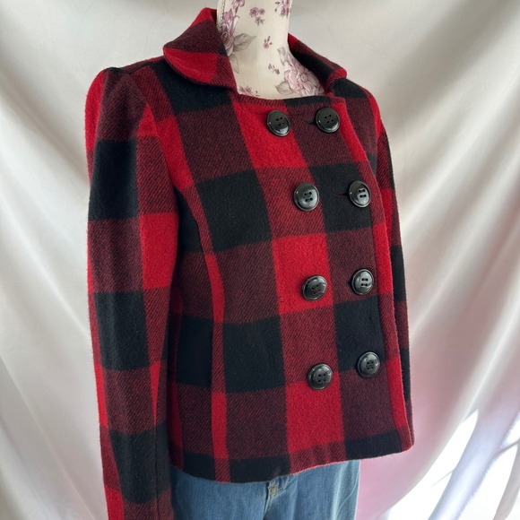 Relativity Red Black Buffalo‎ Plaid Wool Blend Peacoat Jacket PM Petite Medium - Picture 11 of 17